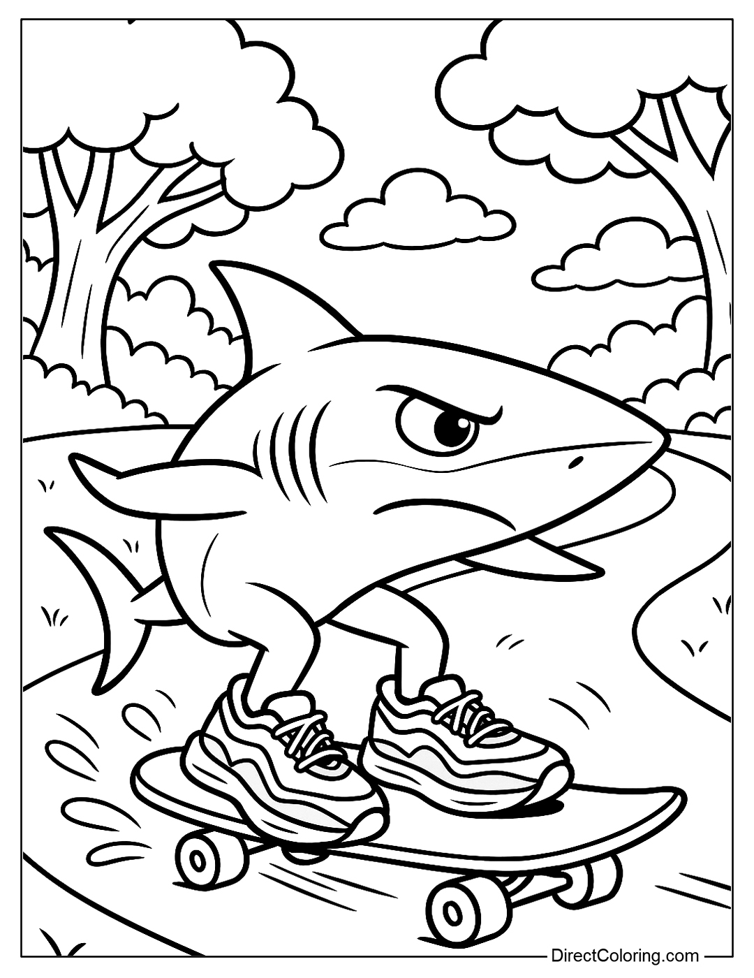 Tralalero coloring page skateboarding downhill in the park, face full of concentration
